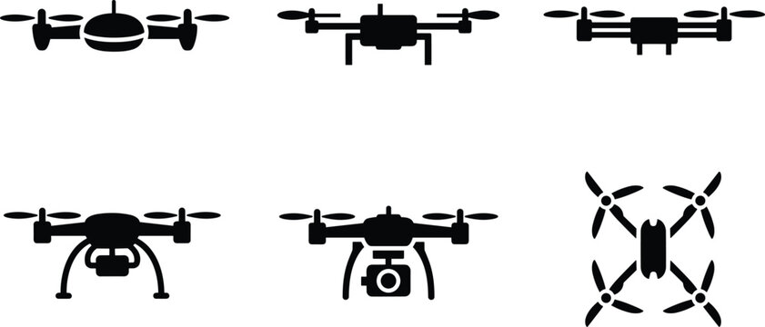 Drone silhouette vector illustration, quadcopter icons design, aerial vehicle artwork, unmanned aircraft graphic, photography surveillance recreational drone symbols