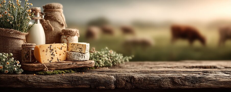 Fresh dairy products such as milk and cheese sit on a wooden table, while cows graze a green pasture behind them, all set in a beautiful countryside with rolling hills under a bright sky