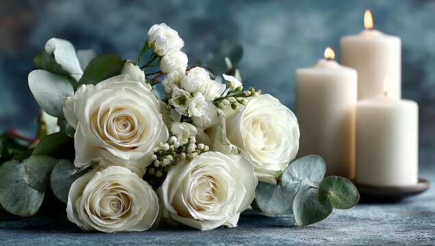 The blue table features cream roses, baby breath, eucalyptus leaves, a lit candle, and scattered petals, establishing a peaceful, mournful ambience for remembrance