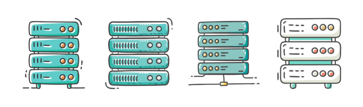 Hand drawn data server icons set, colorful doodle style computer hardware illustrations, network storage and database vector elements