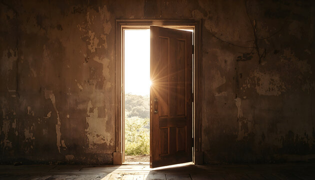 old wooden door opening to bright sunlight and green nature for freedom concept
