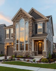 Fototapeta premium The outside perspective reveals a modern house with stone veneer walls and a big arched window, while green shrubs and trees decorate the neatly trimmed lawn