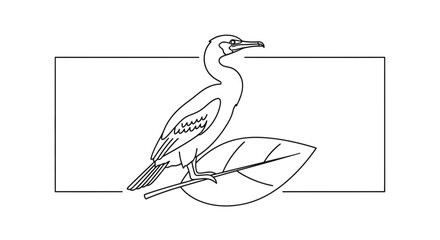 Fototapeta premium Line Art Illustration of a Cormorant Bird Perched on a Leaf