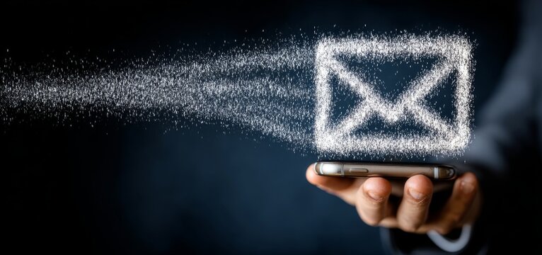A man holds a smartphone with an envelope icon, signifying digital communication through email or newsletters, mobile marketing, and online correspondence. Get in touch