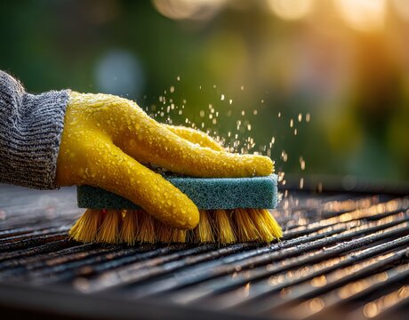 The man sanitizes his stainless steel gas grill with a yellow cloth, preparing the outdoor cooking setup for summer barbecues