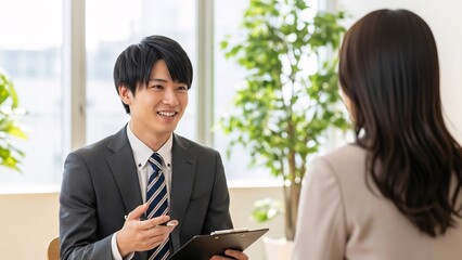 Obraz premium Business interview or professional meeting between a smiling young man in a suit and a woman in a beige blazer in a bright modern office space