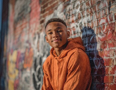 A young Black man in an orange hoodie stands in a graffiti‑filled alley, exuding casual streetwear style, a confident pose, and an urban adventure vibe