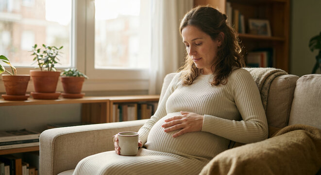 A pregnant woman sits on a couch, holding a mug and resting her hand on her belly, looking down with a gentle expression.