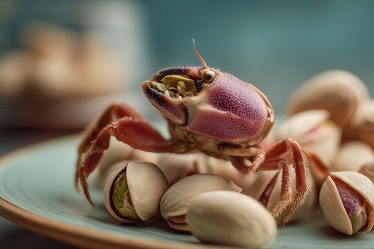 Macro shot of a vivid crab holding a pistachio in its claw against a black background.