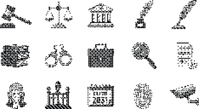 Law Justice Icons Pixelated Bitmap Halftone Dotted Dither Vector Set