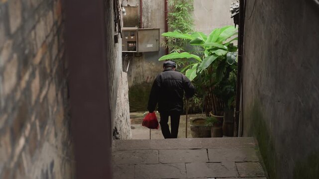 Man walking down narrow alley carrying red bag, elderly local shopper descends mossy stone steps toward small courtyard framed by brick walls, damp textures, green ferns and utility meter, quiet mood