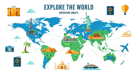 Explore the World Map: Travel Icons, Landmarks, Adventure Awaits © Kadal