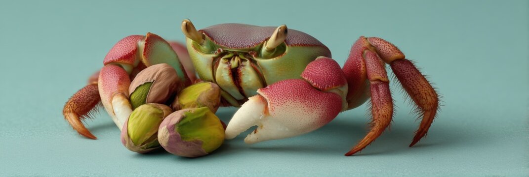 Macro shot of a vivid crab holding a pistachio in its claw against a black background.