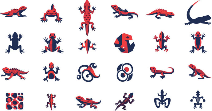 Gecko Lizard Vector Set Collection with Red Blue Reptile Animal Icons