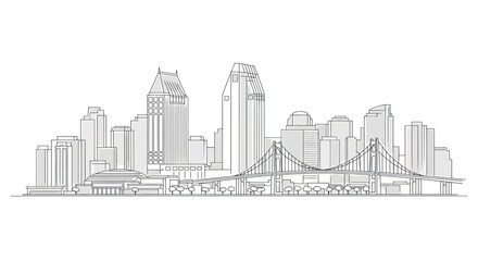 Fototapeta premium Cityscape Sketch: Modern Buildings and Suspension Bridge Silhouette