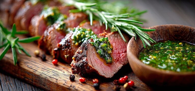 A juicy, herb‑seasoned tri‑tip steak, sliced and grilled, is served on a wooden board with sauces, ideal for culinary, barbecue, and recipe content