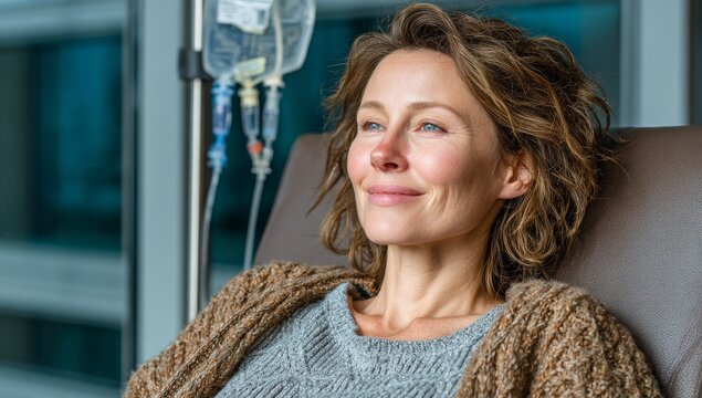 A woman receives an IV drip for her health, relaxing in a chair by the window while a vitamin infusion is administered, feeling peaceful during recovery and improved after treatment