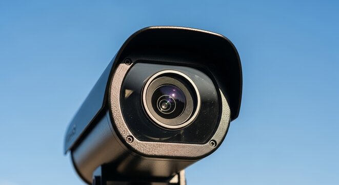 Surveillance camera with clear lens capturing images in outdoor environment. Camera post situated in urban landscape enables monitoring of bus lane activities.