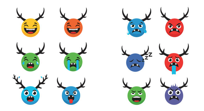 A colorful and expressive set of round monster emoticons with antlers displaying a wide range of emotions from happy to angry.