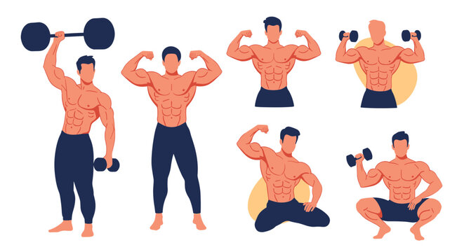 A collection of muscular bodybuilder characters in various poses showing off their physique and lifting heavy weights at the gym.