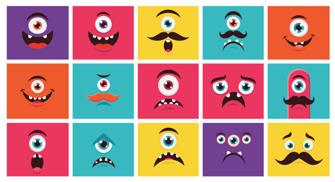 A vibrant and colorful grid of fifteen monster faces showing a variety of funny and emotional expressions for avatars or icons.