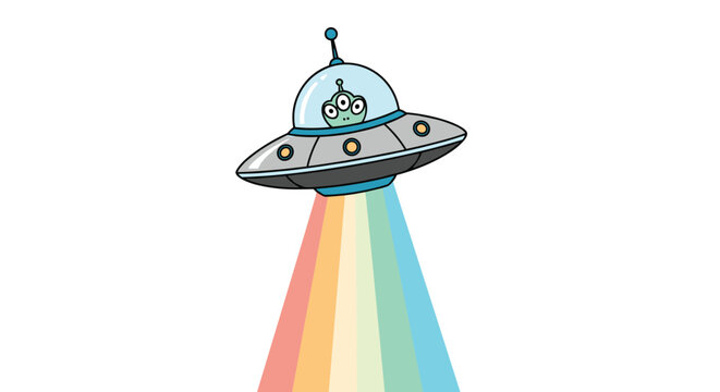A cute and quirky cartoon UFO with a friendly three-eyed alien inside is beaming a vibrant rainbow down to the ground.