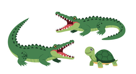 Fototapeta premium A cartoon illustration set of wild reptiles featuring two crocodiles with open mouths and a friendly green turtle.