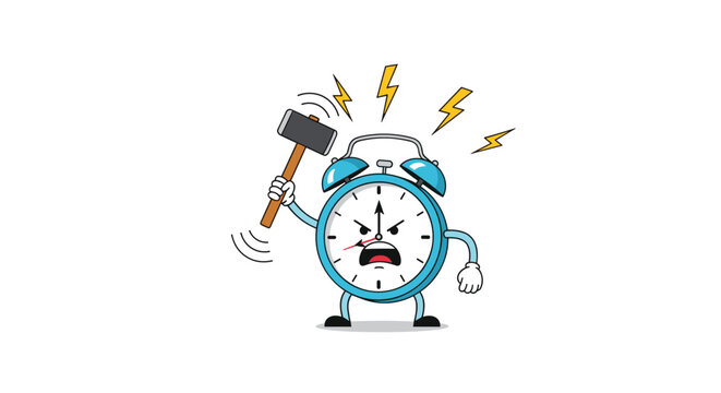 An angry cartoon alarm clock character screaming and trying to smash itself with a hammer to stop the loud morning alarm.