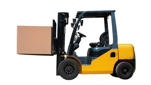 Yellow industrial forklift truck carrying cardboard box