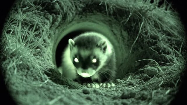 Alert Black Footed Ferret Peeking from Its Den Entrance