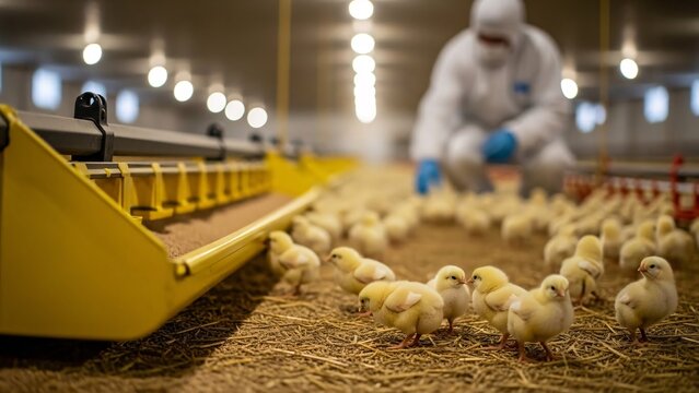 Commercial poultry farm scene with worker tending to a large flock of baby chicks in a modern hatchery environment for agricultural production and livestock management