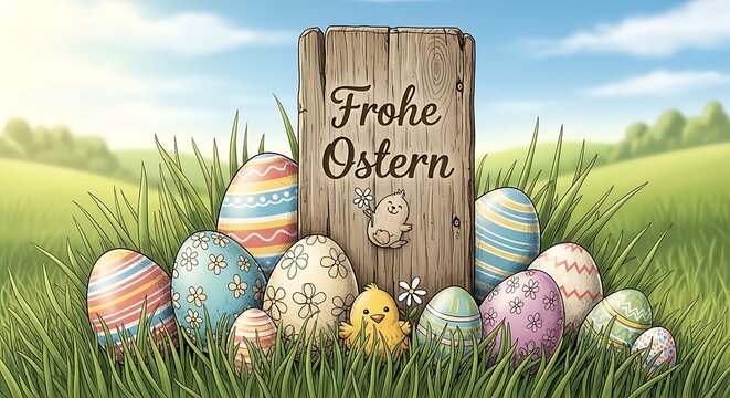 Frohe Ostern Gru&szlig;karte mit Ostereiern und Holzschild &ndash; Deutsche Osterkarte auf gr&uuml;ner Wiese