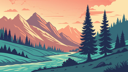 Fototapeta premium Serene landscape illustration with winding river, evergreen trees, tall mountains, and warm sunrise sunset sky in orange pink tones contrasting cool green blue valley for nature design
