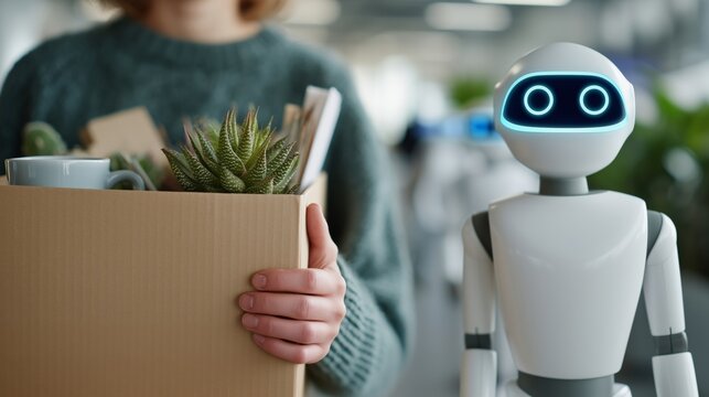 Small robot replacing human worker in office. Employee leaving with personal items box. AI automation and job loss concept. Workforce change and unemployment crisis. Future technology impact.