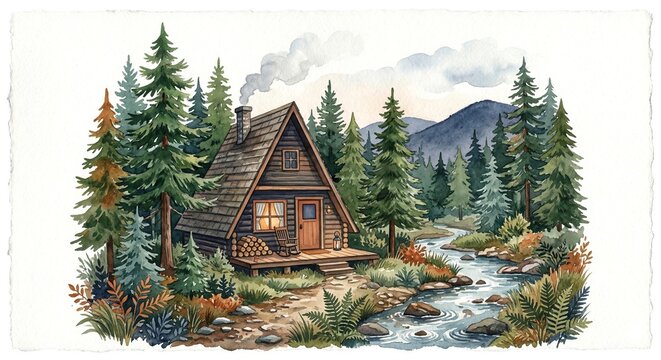 Watercolor illustration of a cozy rustic A-frame log cabin in a pine forest next to a flowing mountain stream under a cloudy sky.