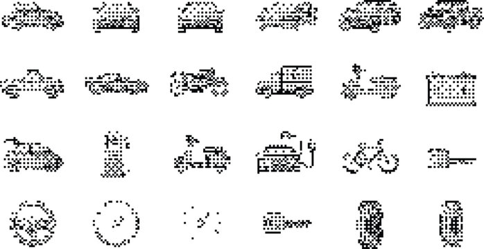 Transportation Icons Pixelated Bitmap Halftone Dotted Dither Vector Graphics Set