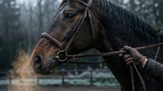 Horse with bridle held by handler in misty outdoor setting close up. Concept of trust, control, and connection between human and animal in equestrian care.