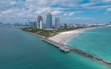 Miami Beach skyline. Miami seaside with turquoise ocean and sky. Famous oceanfront of Miami. Miami...