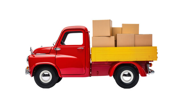 Vintage red pickup truck with yellow bed loaded with cardboard boxes