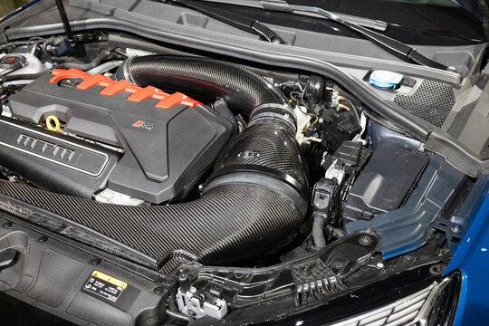 Zurich Switzerland October 10 2025 Close up of the 2.5 liter turbocharged inline five cylinder engine in an Audi RS3 by MTM at the Auto Zurich car show