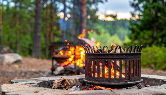 Two campfires burning brightly in metal fire pits in a lush green forest setting.