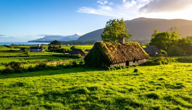Traditional Scottish Croft House in a Lush Green Landscape with Mountains and Sea.