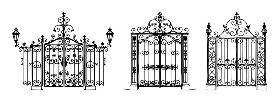 Gate set with ornate hand‑drawn line art featuring wrought iron, gate, ironwork with sophistication and intricate classic detail