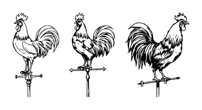 Weather Vane Rooster set with rough sketchy art featuring rooster, weather vane, sketch, illustration with weather elements and vintage