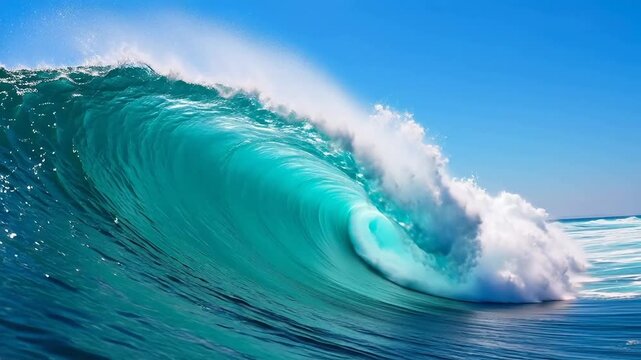 Large ocean wave curling in blue sky for Environmental Sustainability and Mindfulness