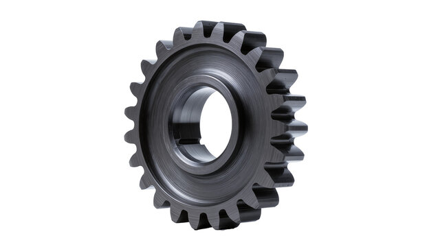 Dark steel gear wheel with central bore and sharp teeth