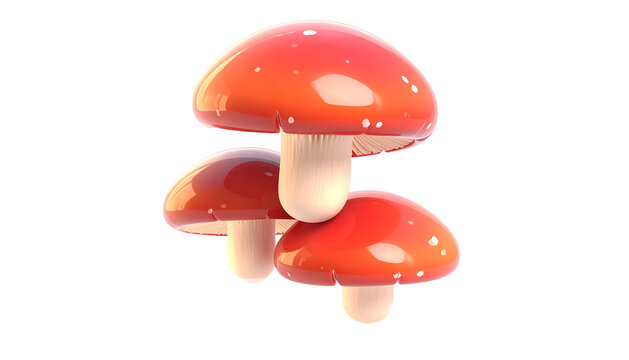 Stacked glossy red mushrooms with white spots in 3D render against a dark background