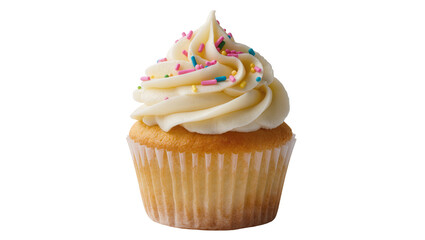 Fototapeta premium Creamy frosted cupcake with pink sprinkles on paper liner