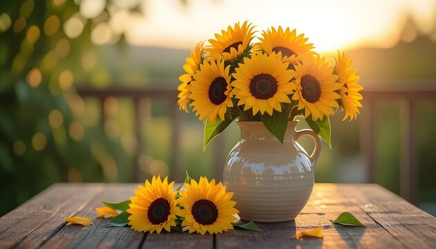 Estate: splendente vaso di girasoli a tramonto