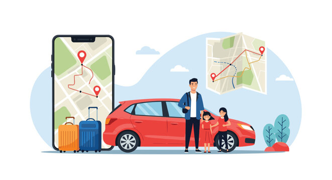 Happy family prepares for a road trip next to their red car with luggage and a smartphone showing GPS map navigation.